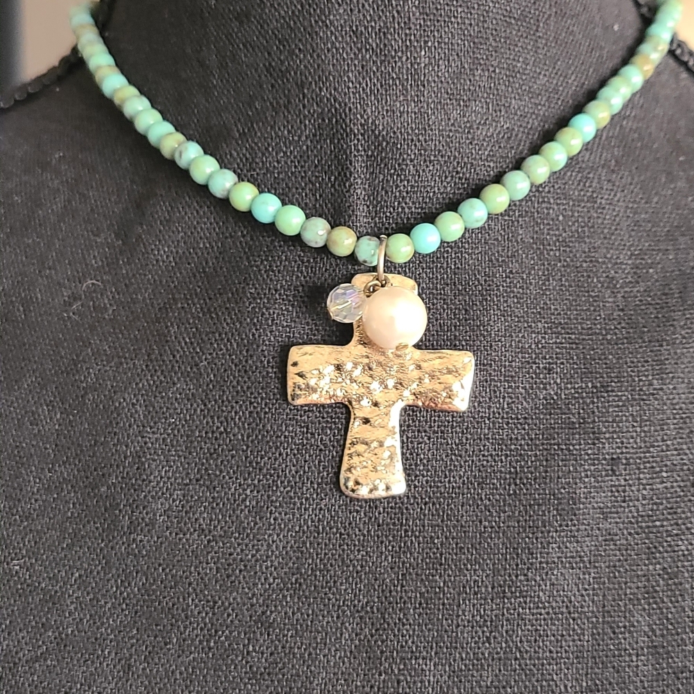 Cookie Lee Turquoise Bead Necklace with Gold Cross and Pearl Accent